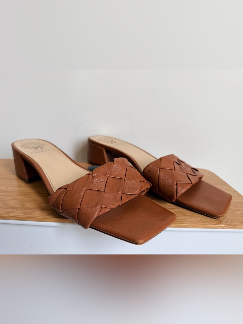 Vince Camuto Woven Leather Mule Heels | Cognac Square Toe Slides